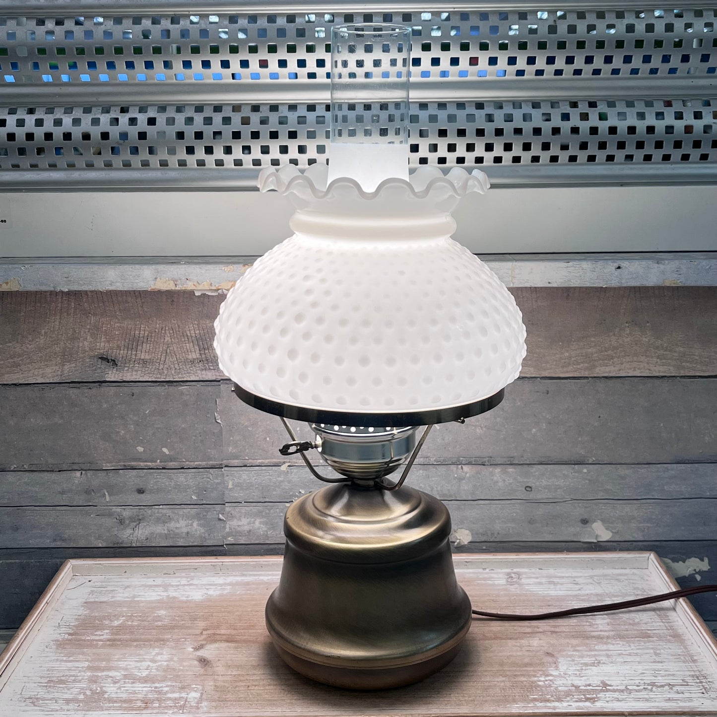 Brass Electric Lamp with Milk Glass Hobnail Shade, 1970s