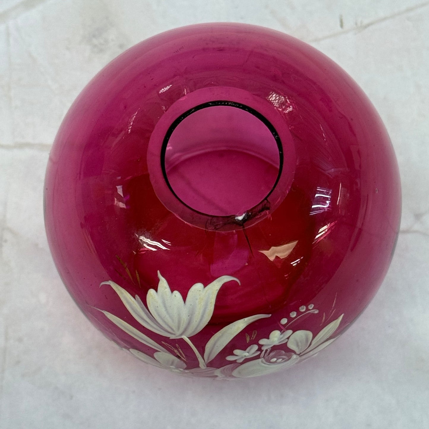 Hand Painted Floral Cranberry Glass Ball Vase