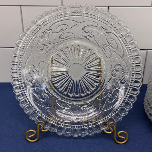 Vintage Dragon Motif Pressed Glass Plates Set of 11 Clear Dessert Plates