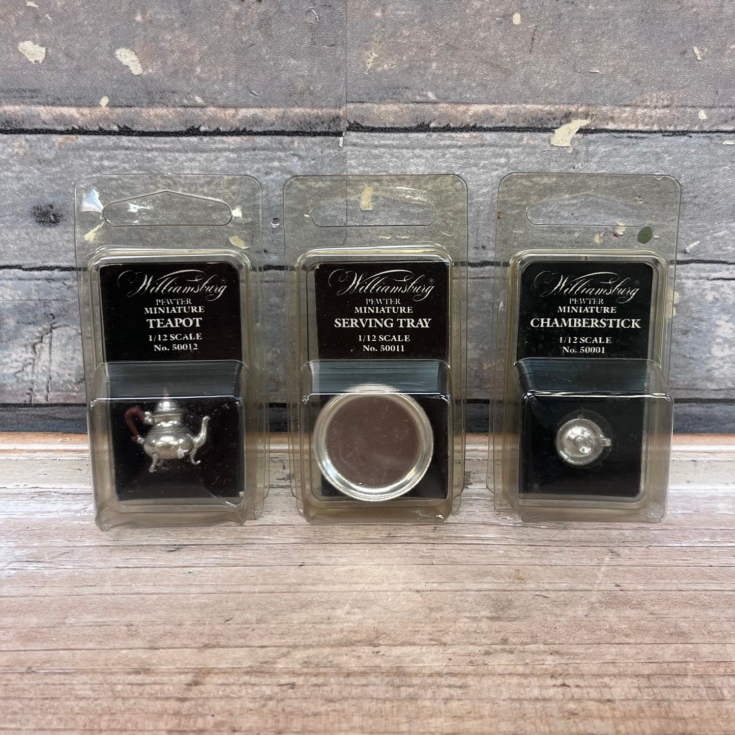 Colonial Williamsburg Pewter Miniatures in Box Set of 3, 1980s