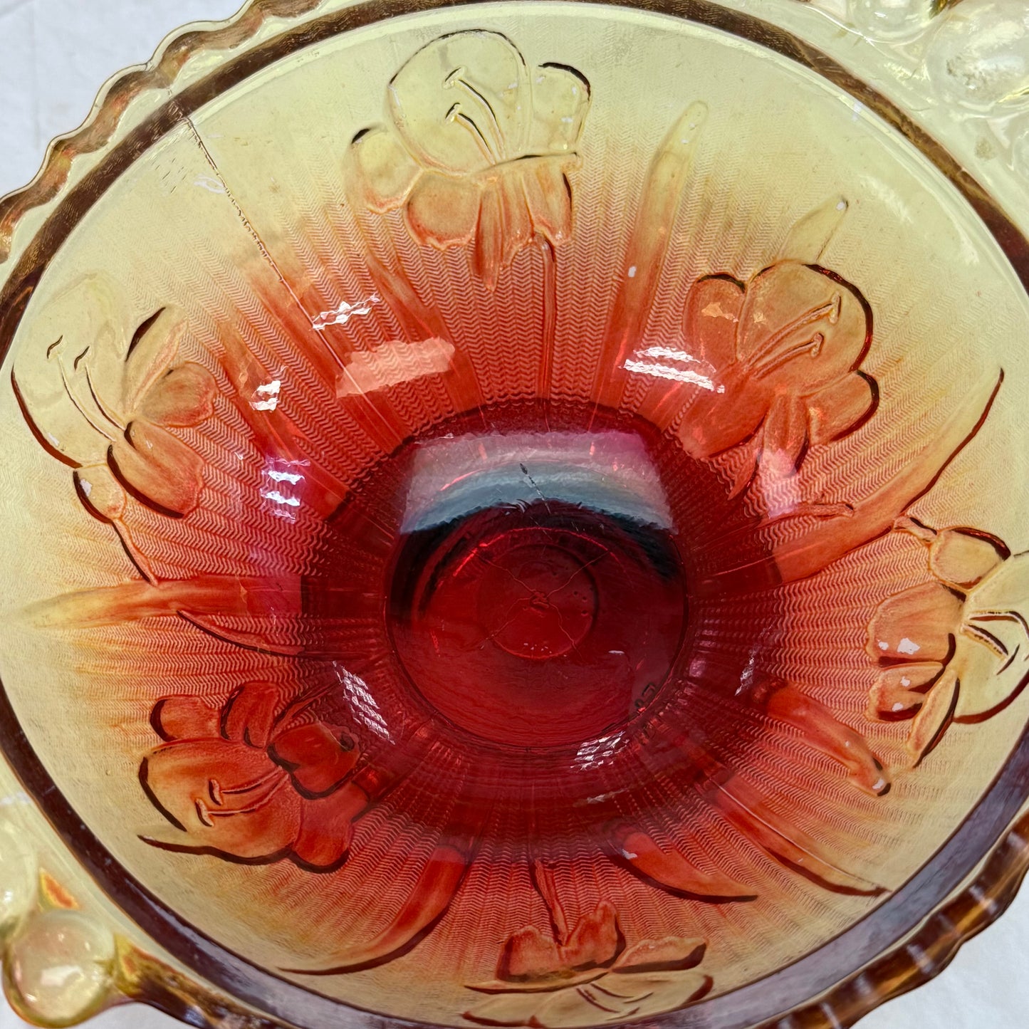 Jeannette Glass Iris & Herringbone Amberina Compote