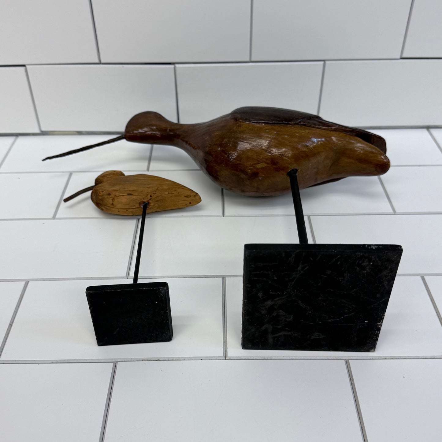 Wooden Curlew Bird Statues, Set of 2 Hand Carved