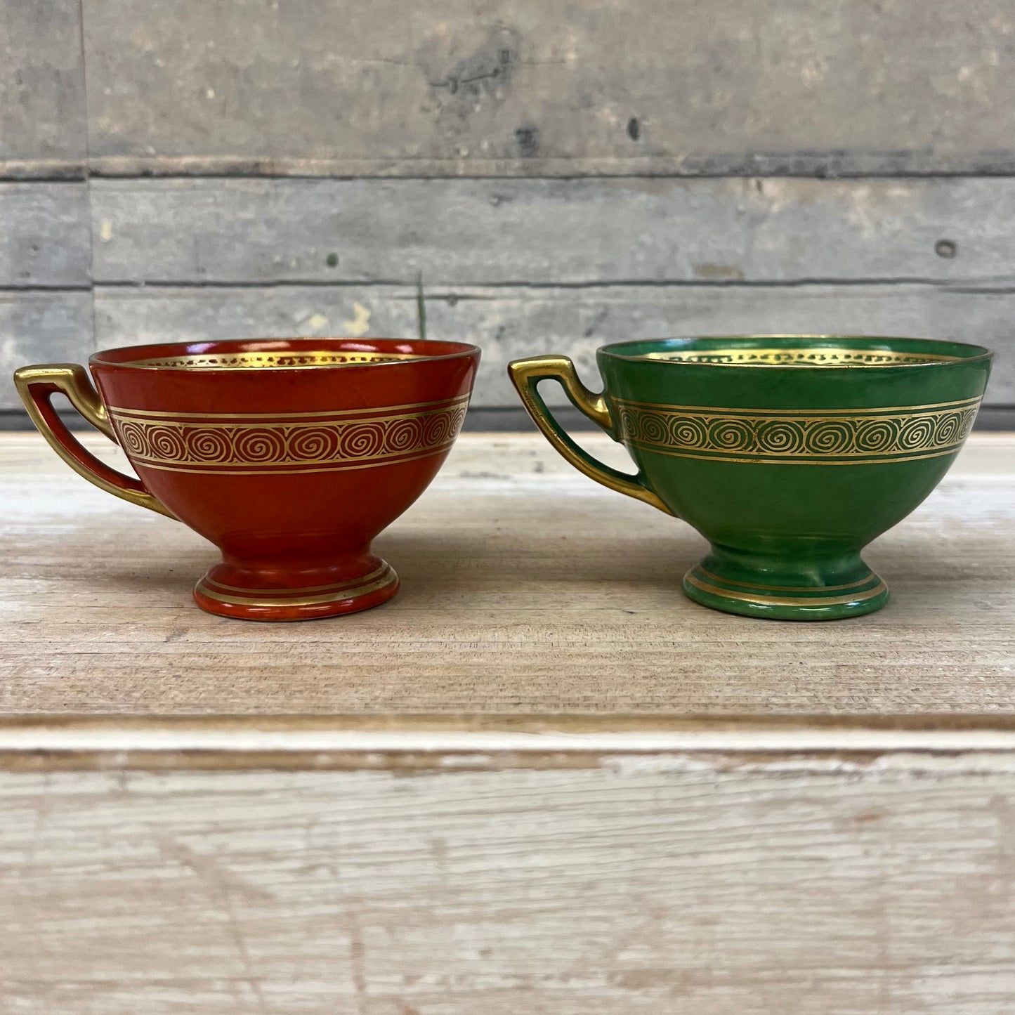 Czech Enameled Porcelain Cup & Saucer, Set of 2
