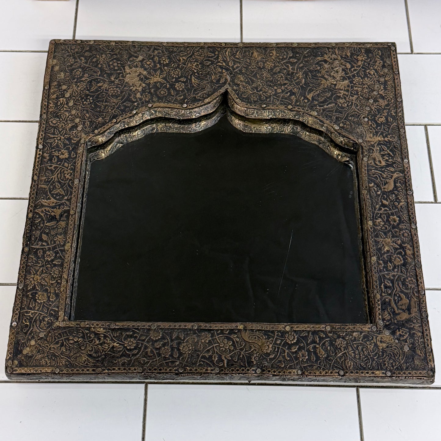 Moroccan Style Floral Embossed Wood Accent Mirror