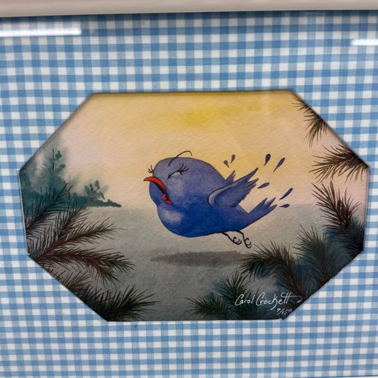 Carol Crockett Signed Art Print Blue Bird Farmhouse Decor 1990s
