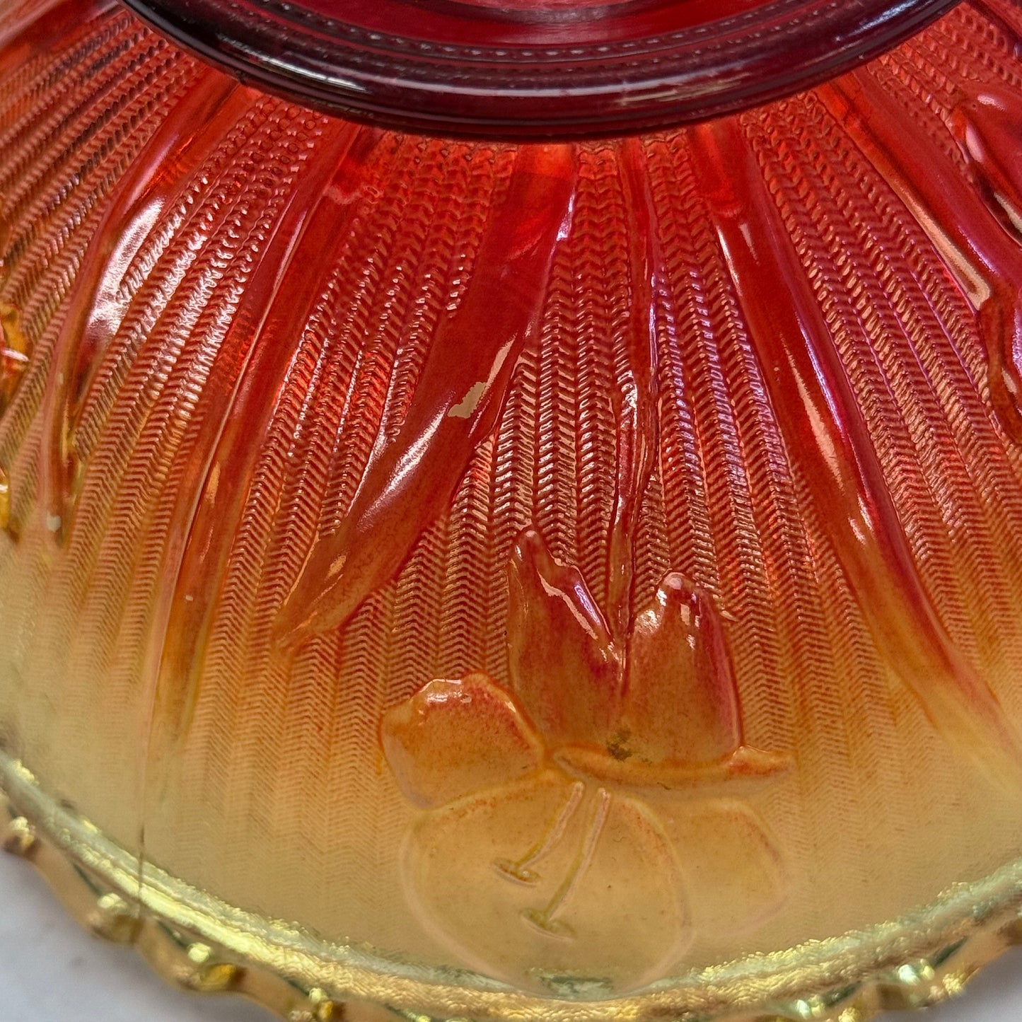 Jeannette Glass Iris & Herringbone Amberina Compote