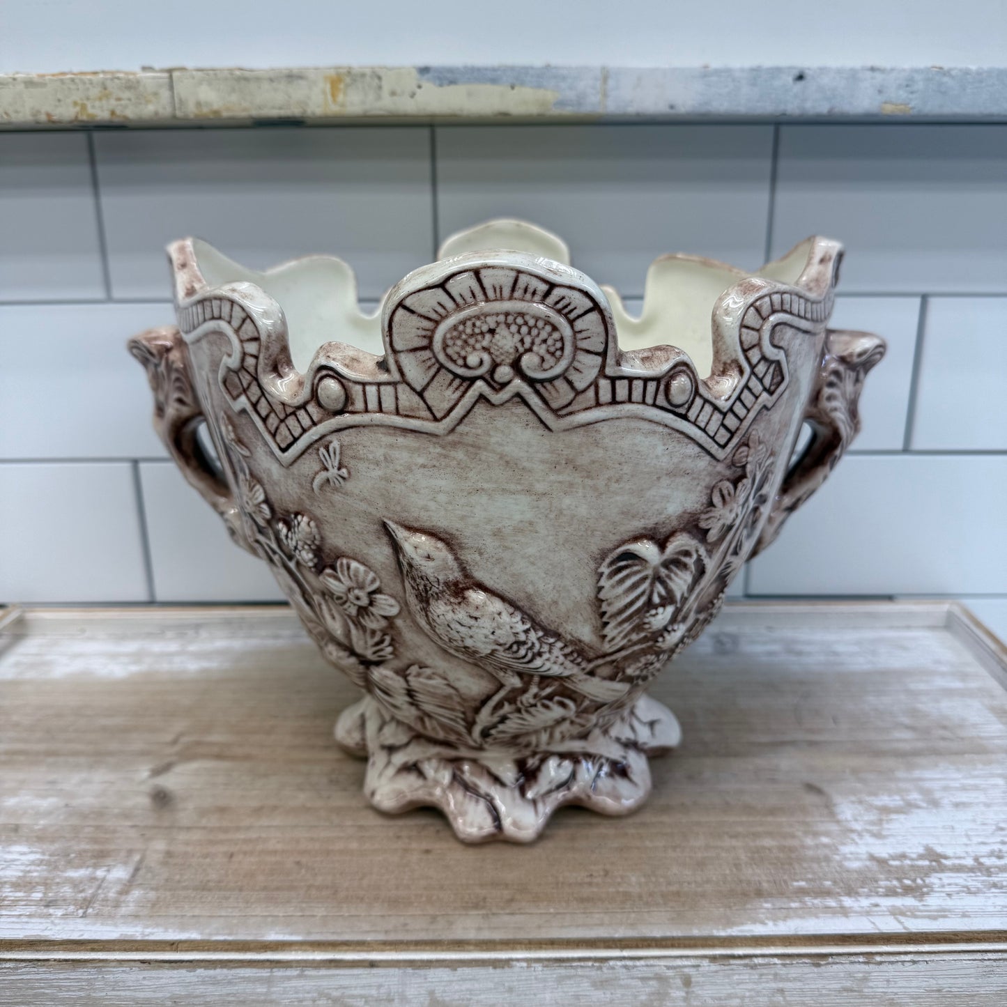 Relief Detailed Bird Planter, Signed 1980