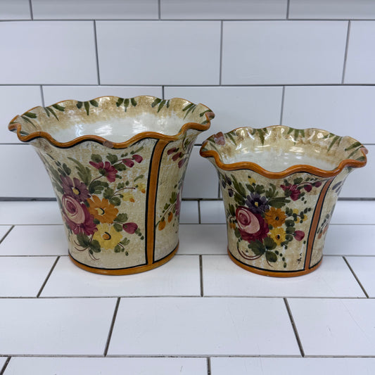 Italian Hand Painted Floral Ceramic Planters Set of 2
