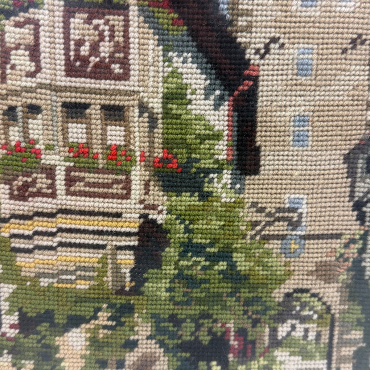 European Village Clock Tower Framed Needlepoint Art