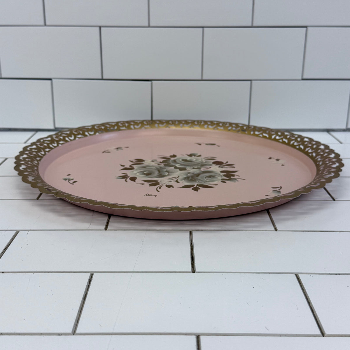 Vintage Hand Painted Pink Floral Tole Metal Tray 15”