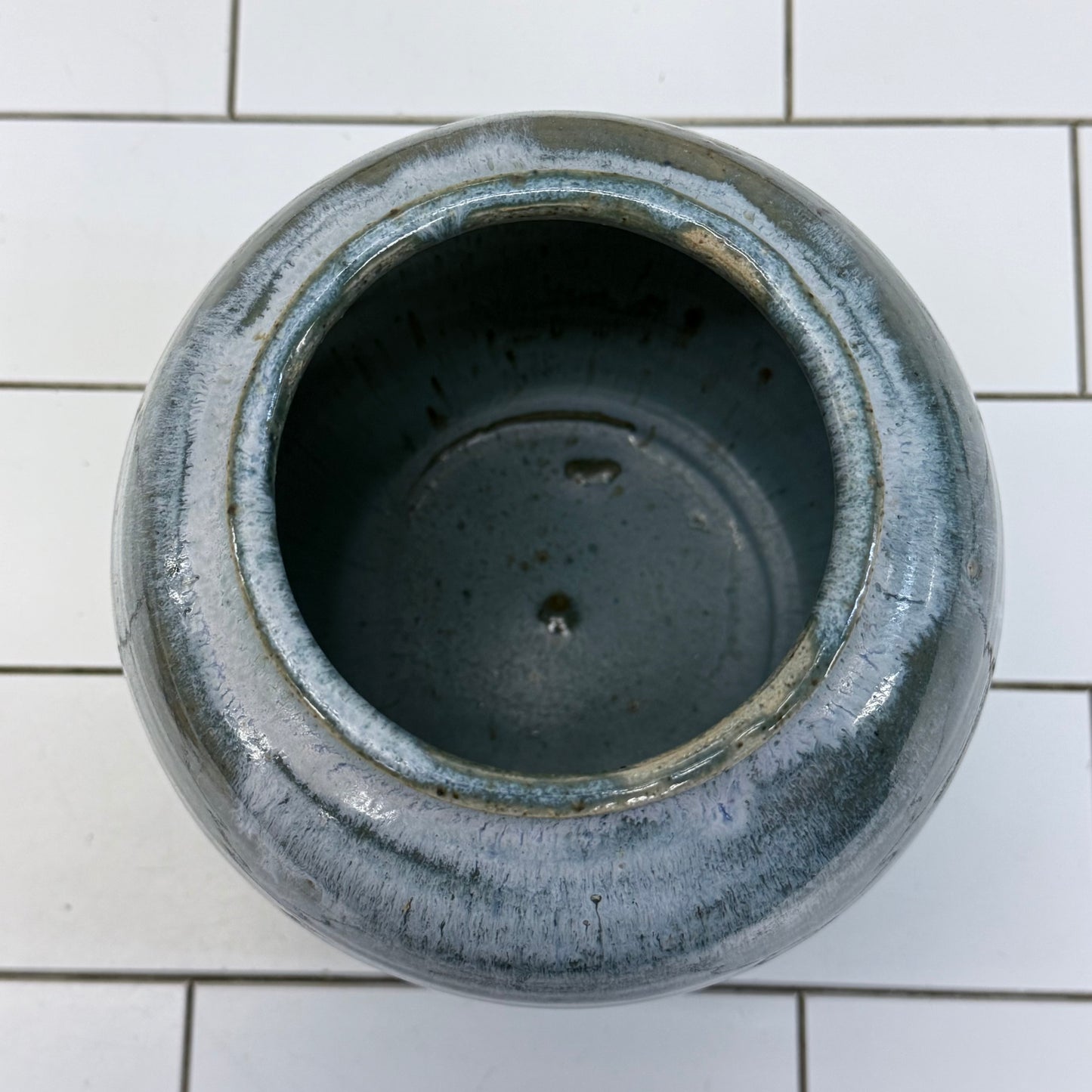Studio Art Pottery Jar Signed with Cork Lid Blue Green Drip Glaze