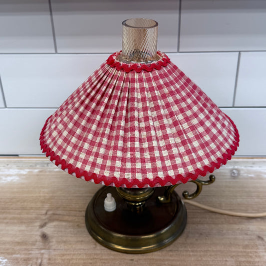 Brass Hurricane Lamp Gingham Shade Cottage Farmhouse Accent Lamp