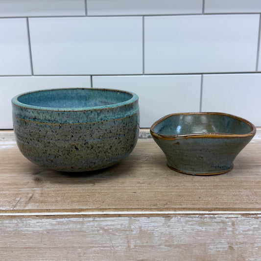 Studio Art Pottery Bowl & Dish Set Blue Green Glaze Stoneware