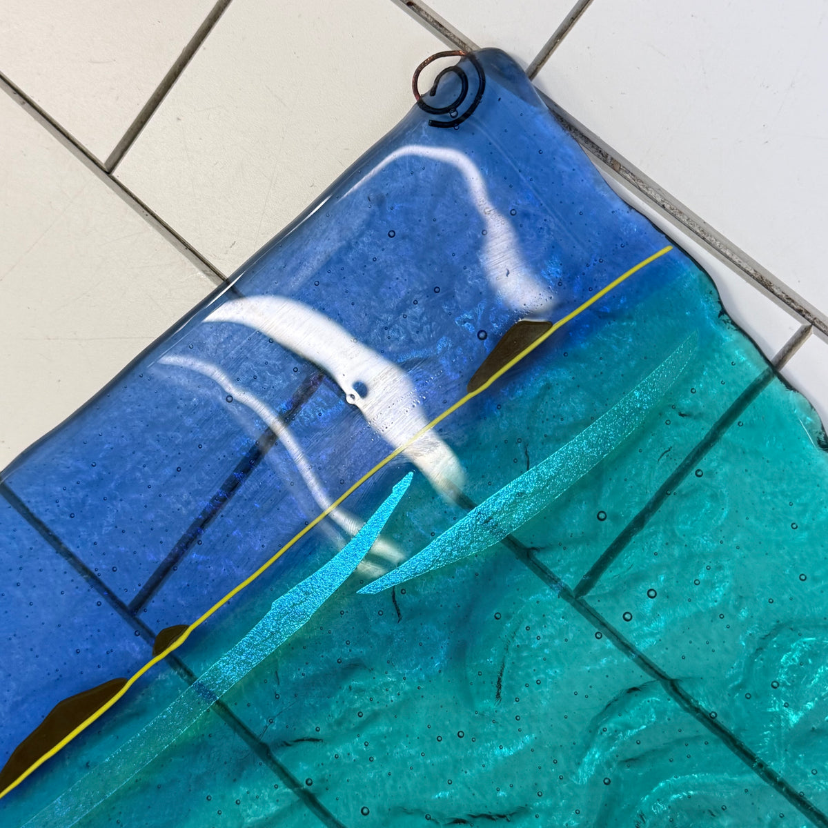 Handmade Seeded Art Glass Ocean Seascape Coastal Wall Hanging