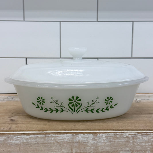 Glasbake Green Daisy Milk Glass Casserole Dishes Set of 2