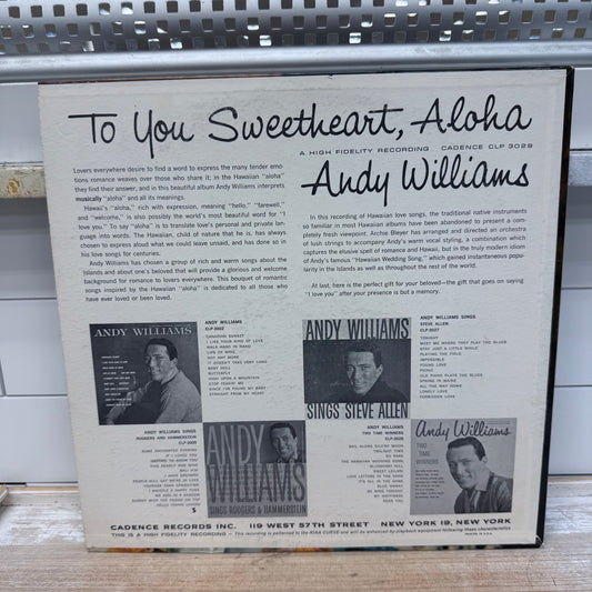 Andy Williams To You Sweetheart, Aloha Vinyl Record, 1959