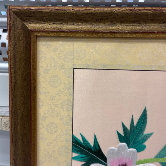Hibiscus Floral Embroidery Textile Wall Art Framed