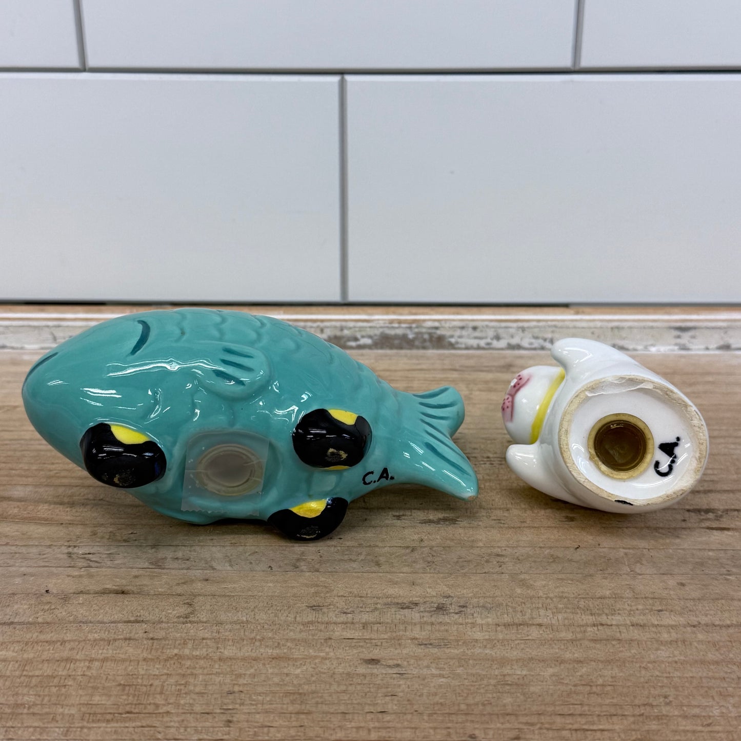 Clay Art Cat Driving Fish Car Salt & Pepper Shakers 1990s Ceramic