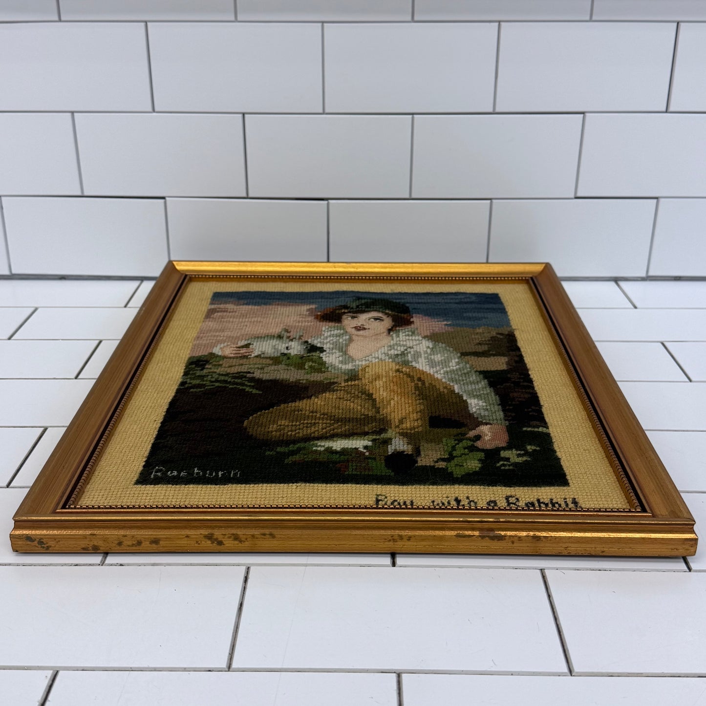 Raeburn Boy with a Rabbit Framed Needlepoint Portrait Art
