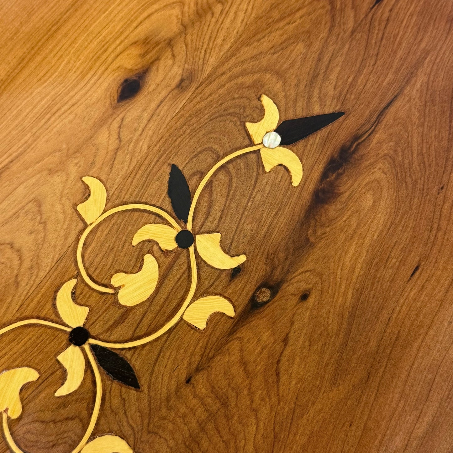 Marquetry Inlaid Wooden Serving Tray with Handles
