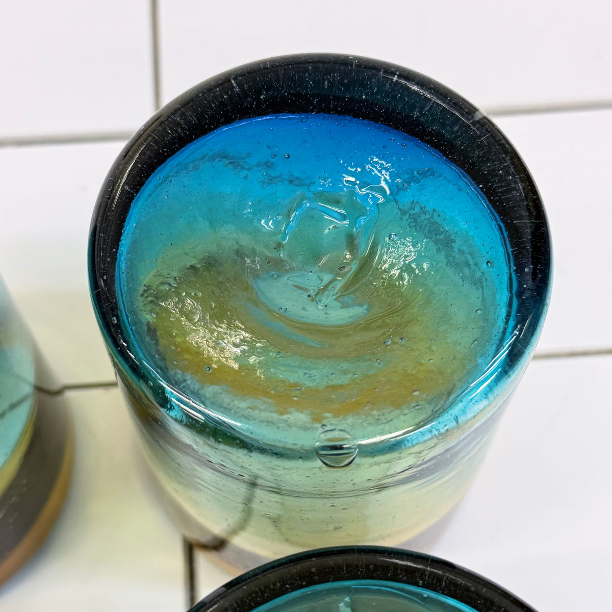 Handblown Ombré Amber Blue Green Art Glass Tumbler Set of 4
