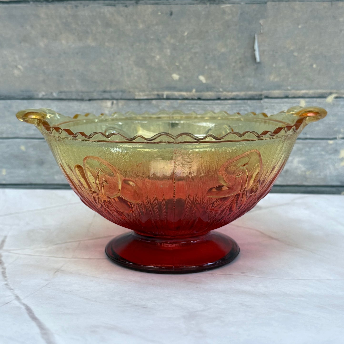 Jeannette Glass Iris & Herringbone Amberina Compote