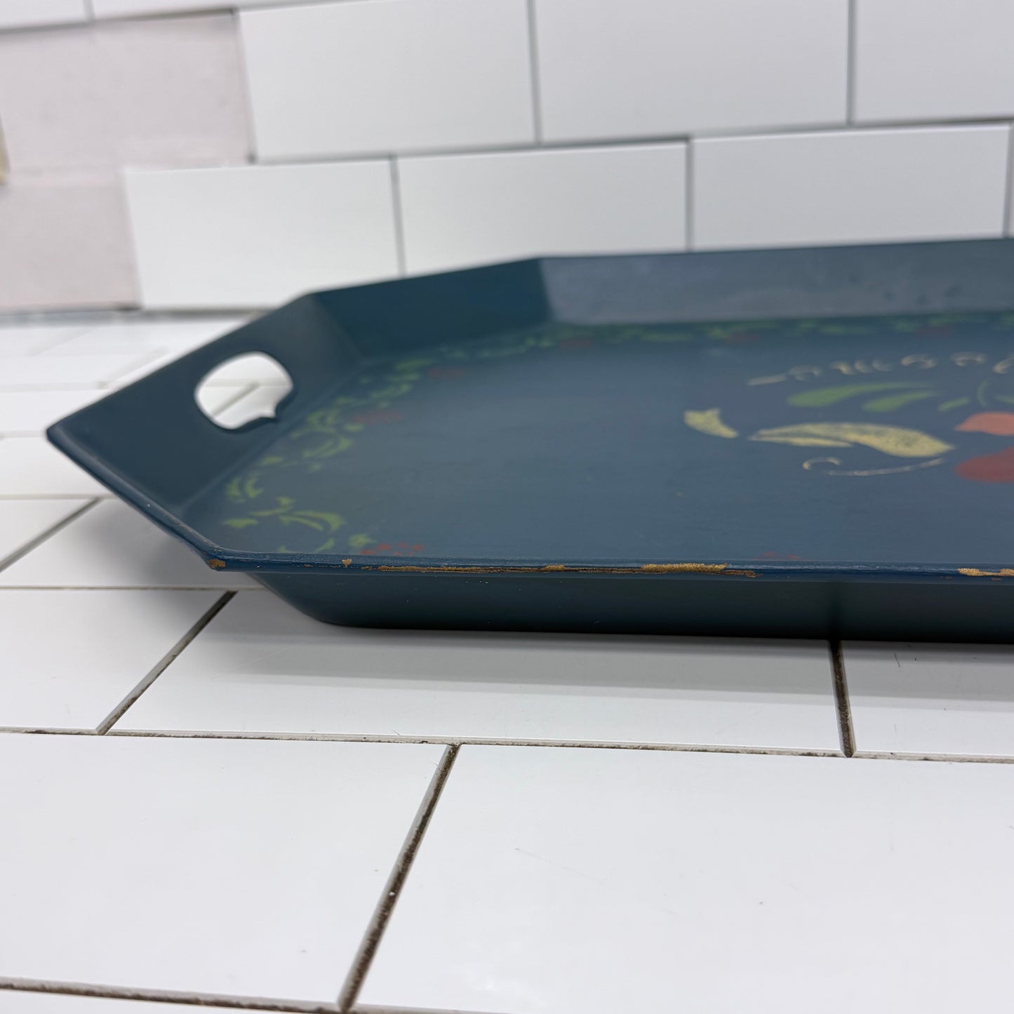 Vintage Folk Art Toleware Serving Tray Signed 1985