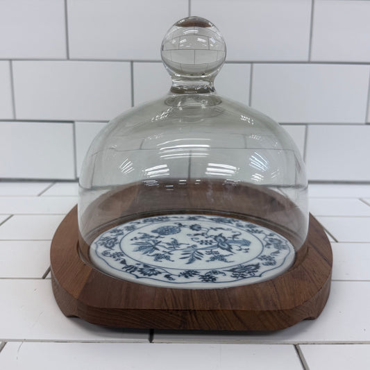 Dolphin Teak Cheese Board Glass Cloche Blue Danube