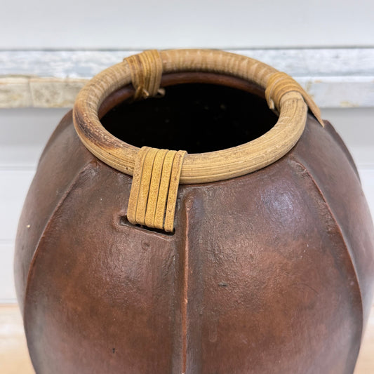 Hand Carved Philippine Wood Vase with Rattan Collar Decorative Vase