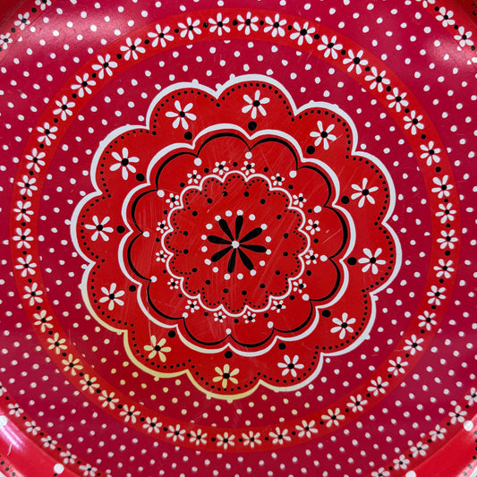 Folk Art Metal Serving Tray with Polka Dot Floral Design