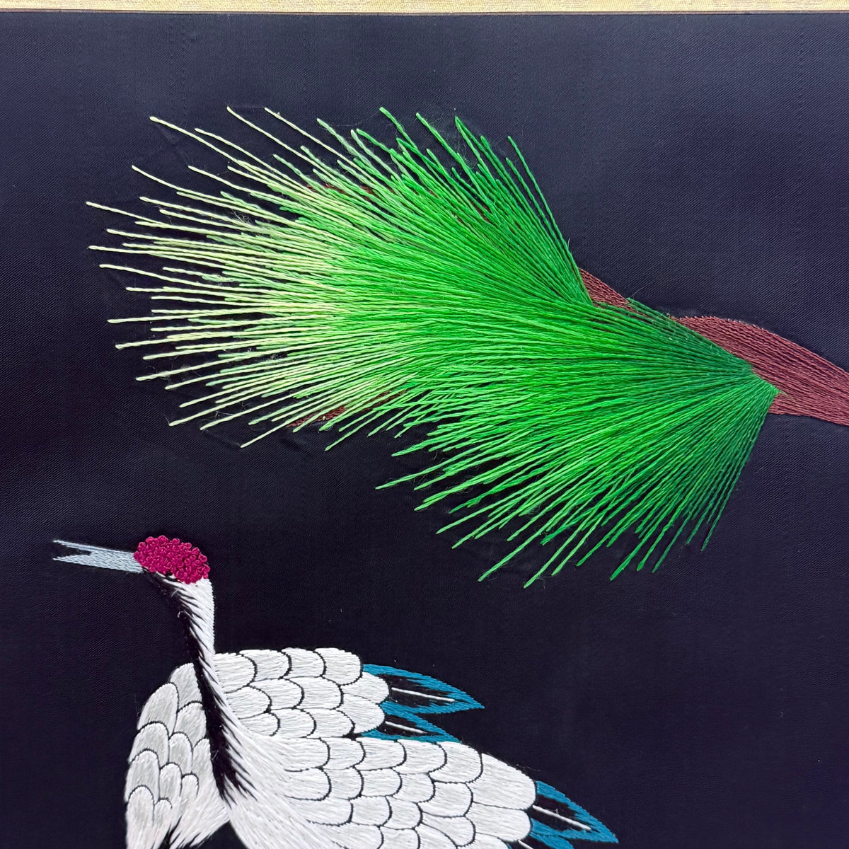 Crane Bird Embroidery Pine Tree Asian Style Textile Wall Art