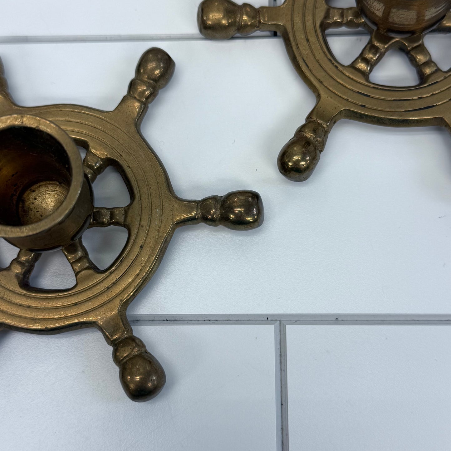Solid Brass Ship’s Wheel Candlestick Holders, Set of 2