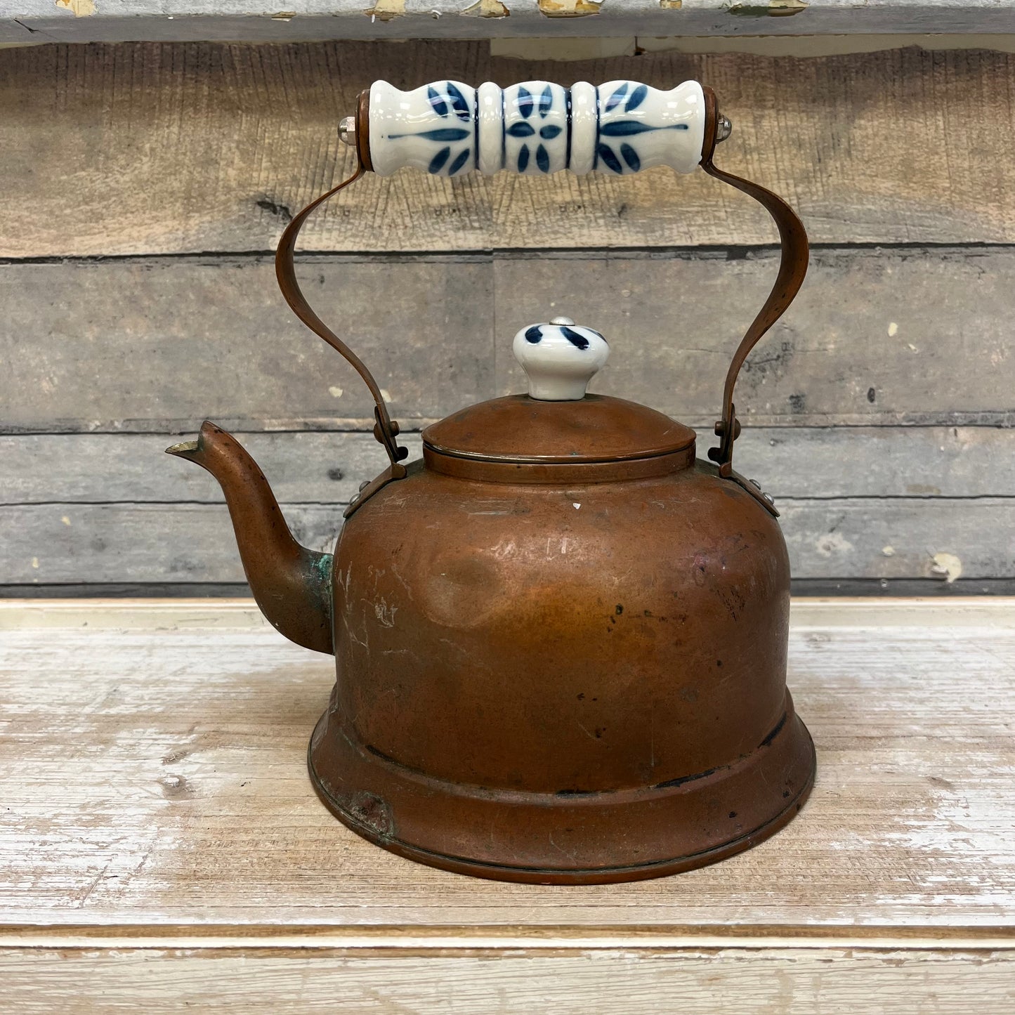 Blue & White Ceramic Handled Copper Tea Kettle