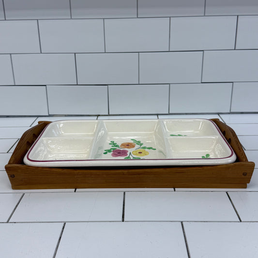 Hand Painted Floral Serving Dish with Wood Tray