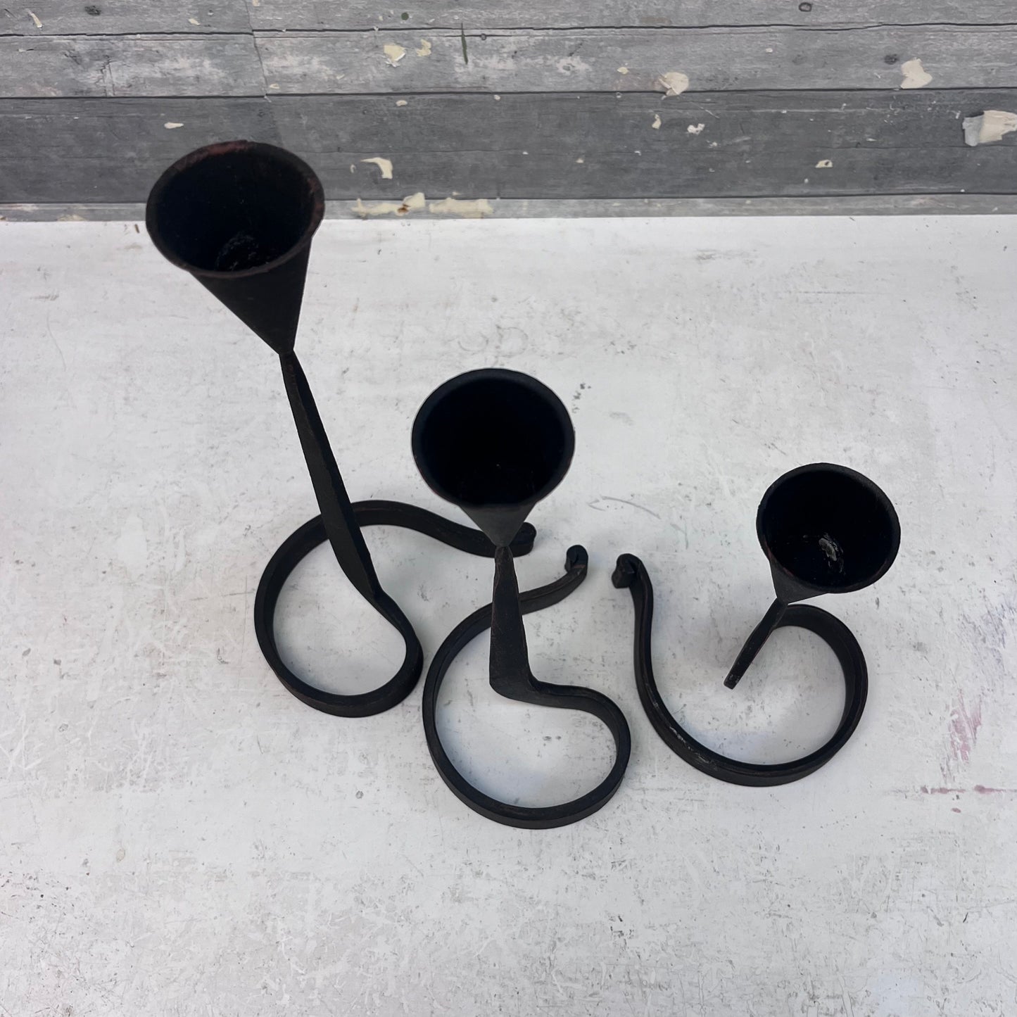 Danish Wrought Iron Curved Candlestick Holders, Set of 3