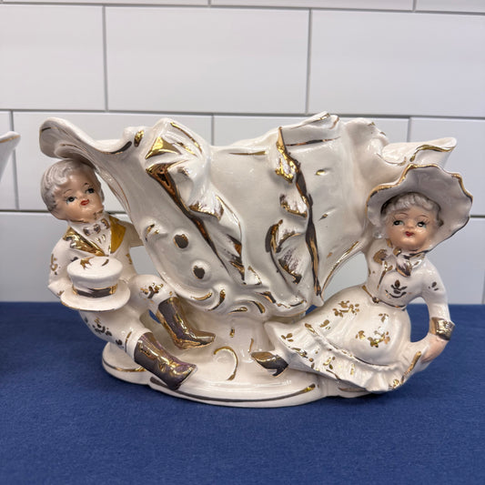 Tilso Victorian Boy & Girl Porcelain Planters Set 1950s