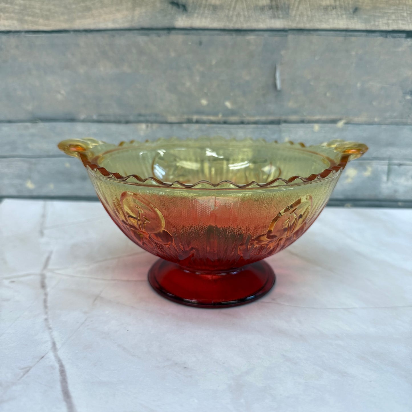Jeannette Glass Iris & Herringbone Amberina Compote