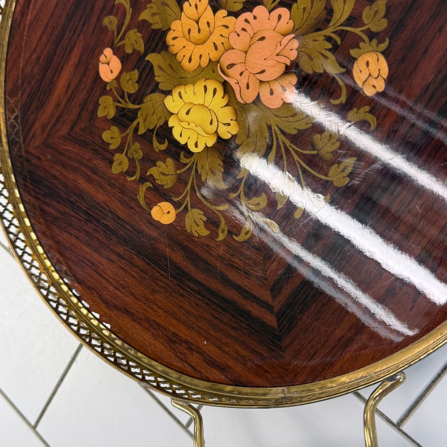 Floral Marquetry Wood Serving Tray with Brass Handles