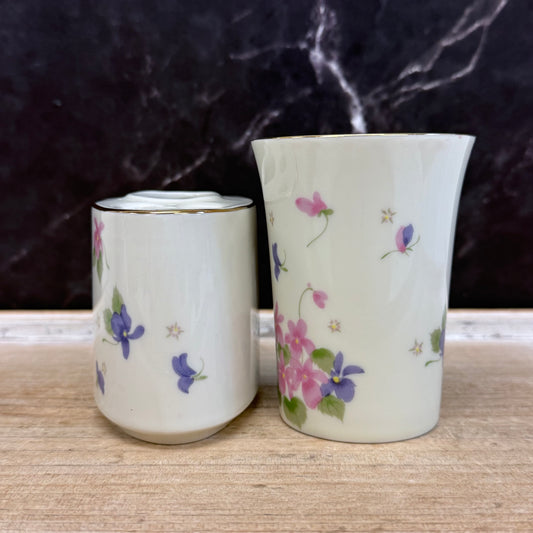 Fred Roberts Violets Toothbrush Holder Cup Set Japan Vintage 1960s