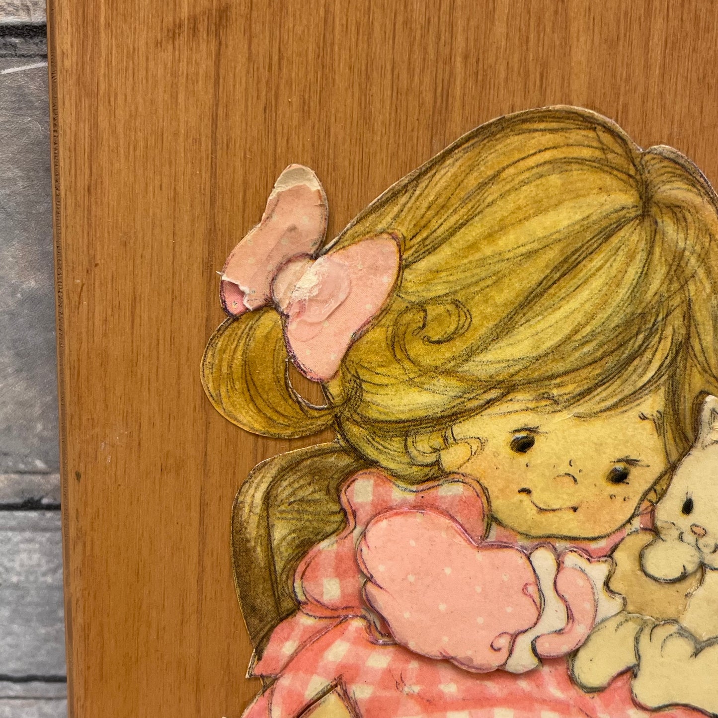 Hanging Wood Plaque Girl with Kittens, Signed