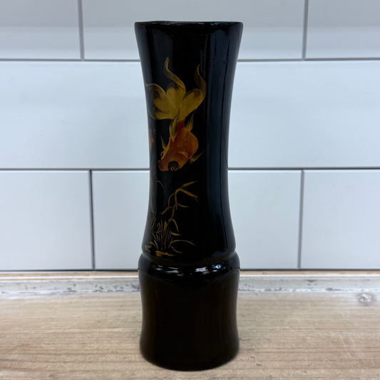 Black Lacquer Vase Goldfish Motif Chinoiserie Decor 1960s