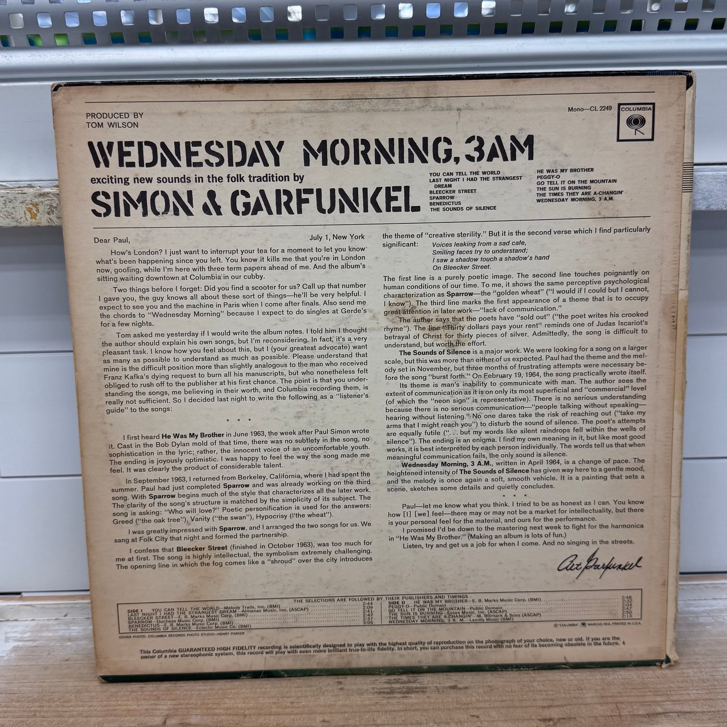 Simon & Garfunkel Wednesday Morning 3 A.M. Vinyl LP 1964 #CL2249 Mono
