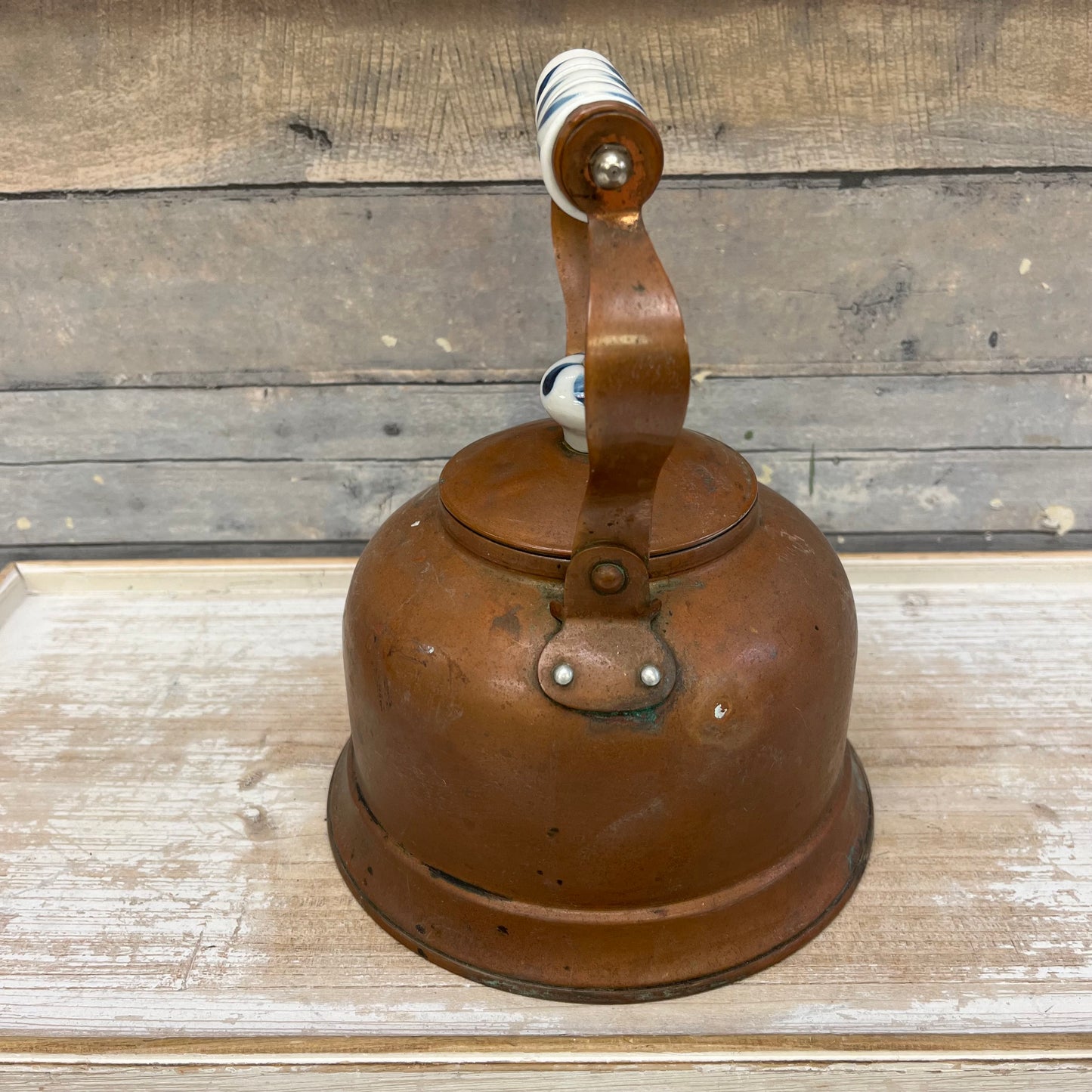 Blue & White Ceramic Handled Copper Tea Kettle