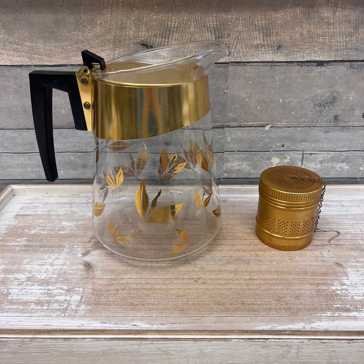 Douglas Flameproof Gold Leaves Lidded Coffee Pot with Strainer