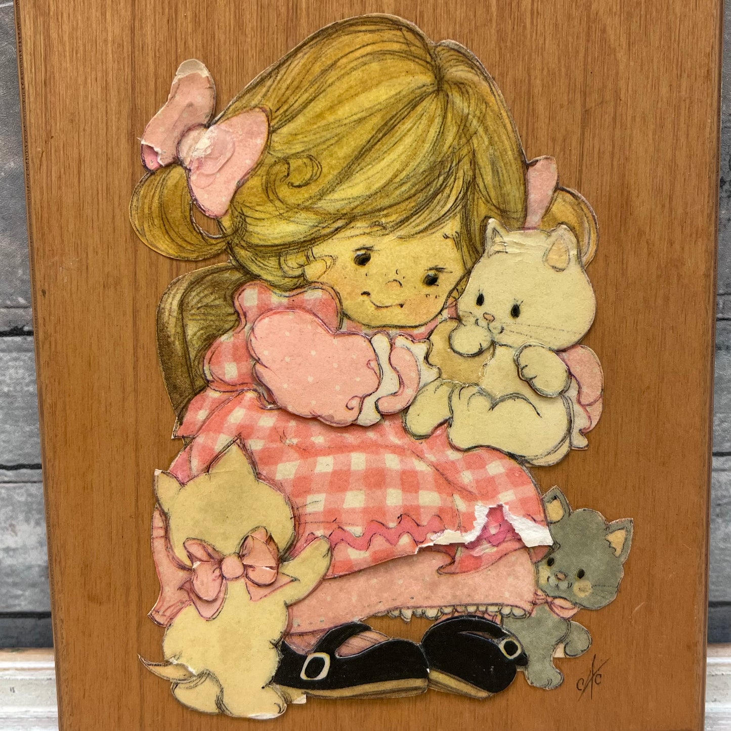 Hanging Wood Plaque Girl with Kittens, Signed