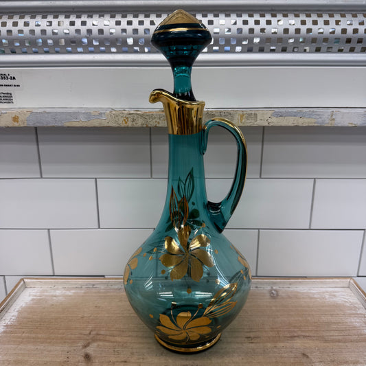 Italian Blue Glass Decanter & 6 Goblets Gold Floral Set
