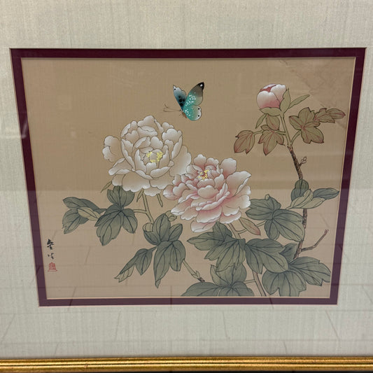 Butterfly and Flower Original, Silk Ink & Color