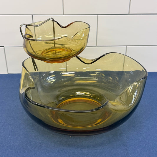 Anchor Hocking & Vereco Amber Glass Bowls & Stands, Lot of 2
