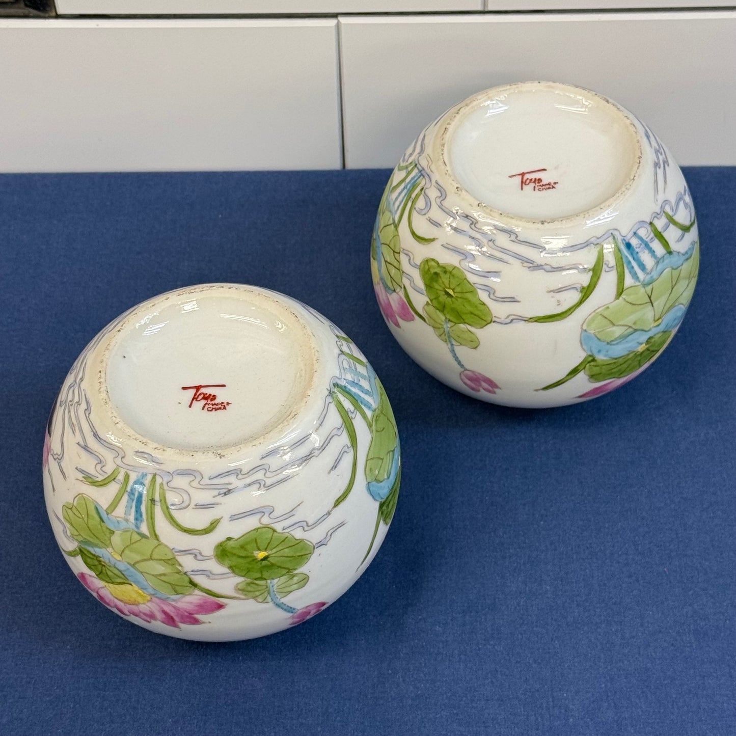 Toyo Porcelain Ginger Jars Bird & Dragonfly Set of 2 Japan