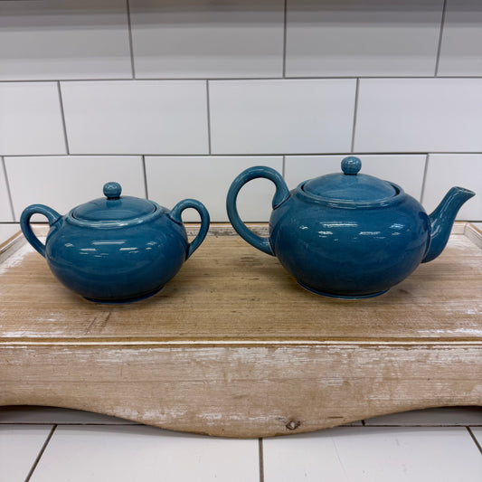 Japanese Blue Glazed Porcelain Tea Set 18 Piece Mid Century